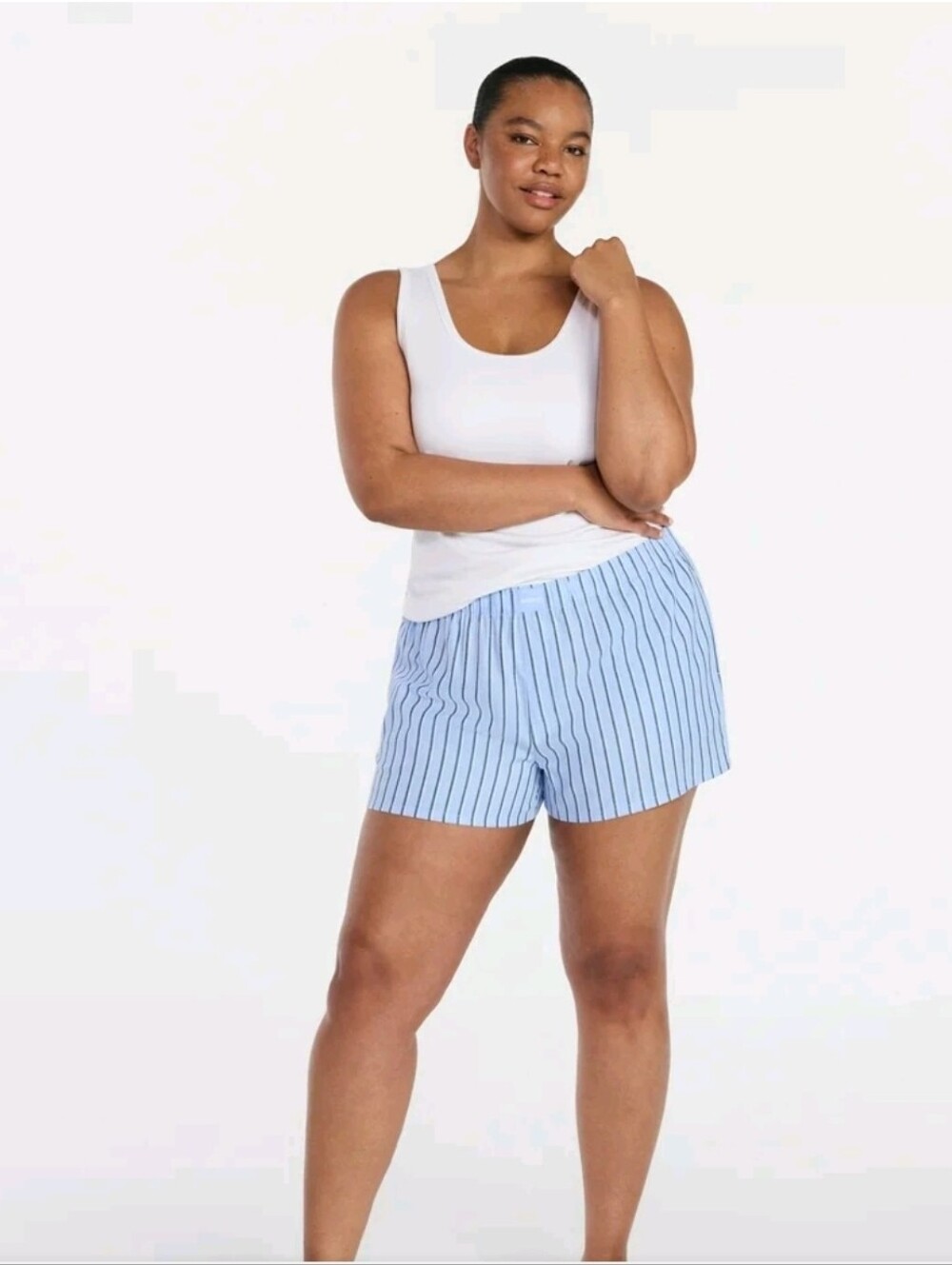Striped Blue Sleep Shorts with White Tank Set